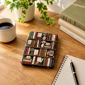 Puede incluir: Una funda rectangular para lector electrónico con un diseño impreso de una estantería de varios niveles llena de libros, pequeños jarrones, tazas de té y una vela. La funda muestra una ilustración detallada de una colección de biblioteca.