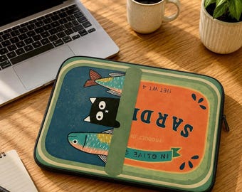 Funda para portátil con diseño de gato sardina para portátiles de 13 y 15 pulgadas.