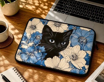 Funda para portátil Black Cat con diseño floral azul, de 13" o 15", de neopreno.