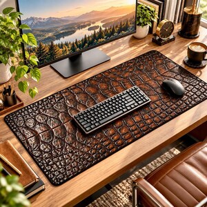 Crocodile Desk Mat, Brown Reptile Print with Non-Slip Rubber Base