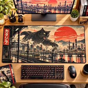 Black Cat Desk Mat, Japanese Cityscape Mouse Pad with Red Sunset and Rubber Base