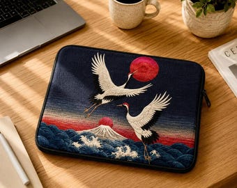 Funda para portátil con diseño de grulla japonesa, 100% neopreno, 13 o 15 pulgadas, diseño de sol rojo y arte asiático.