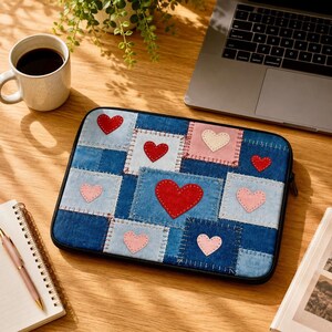 May include: A rectangular laptop sleeve featuring a patchwork design of various blue denim fabric squares. The sleeve is decorated with multiple stitched heart appliques in shades of red, light pink, and cream, arranged across the surface.