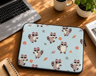 Funda para portátil con estampado de mapache, 100 % neopreno, para portátiles de 13 a 15 pulgadas.