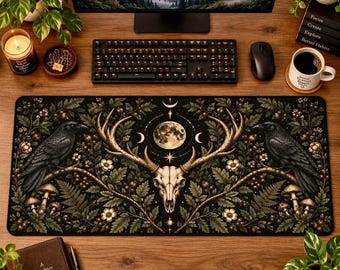 Gothic Mouse Pad, Dark Academia Desk Mat, Raven Skull Design,  16 × 32