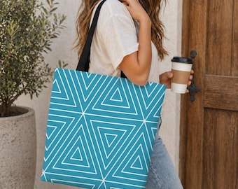 Teal Blue Tote Geometric Bag Modern Triangle Pattern Canvas Shoulder Purse Shopping Bag