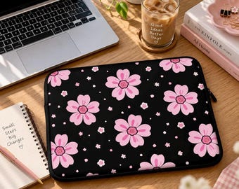 Pink Floral Laptop Sleeve, 100% Neoprene, Water-Resistant Zippered Design