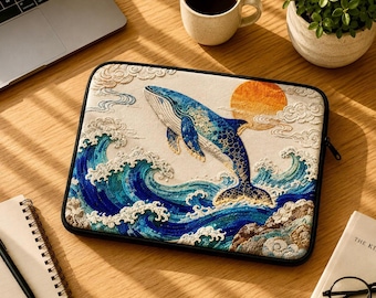 Funda para portátil con diseño de ballena y olas japonesas, 100 % neopreno, diseño con cremallera de 13 o 15 pulgadas.