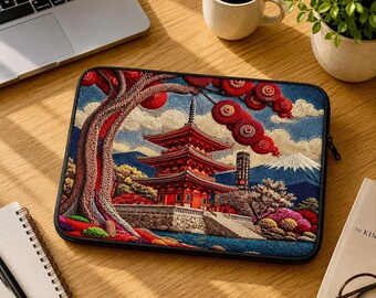 Japanese Temple Laptop Sleeve, 13 And 15 Inch 100% Neoprene with Pagoda Artwork