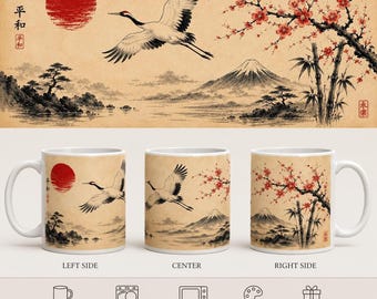 Taza japonesa con diseño de grulla, el monte Fuji y flores de cerezo, taza de cerámica artística.