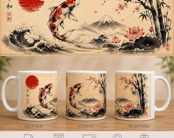 Taza de cerámica con diseño de peces koi, el monte Fuji y flores de cerezo.