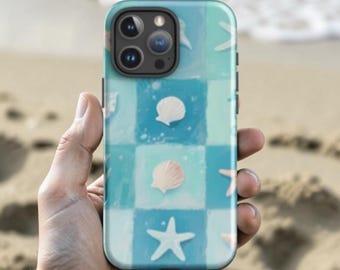 iPhone case blue seashell pattern ocean beach coastal protective cover