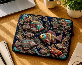 Fish Laptop Sleeve, Colorful 100% Neoprene with Faux Fur Lining, 13 And 15 Inch