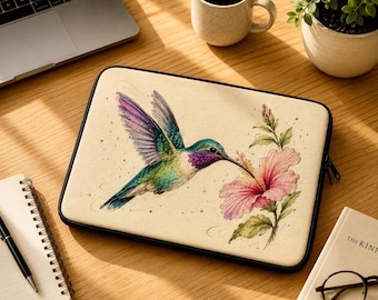 Funda para portátil con diseño de colibrí, 100 % neopreno, diseño floral, disponible en 13 o 15 pulgadas.