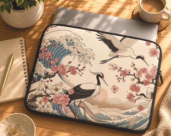 Funda para portátil Sakura, estuche Crane para dispositivos de 13 a 15 pulgadas, diseño de inspiración japonesa.