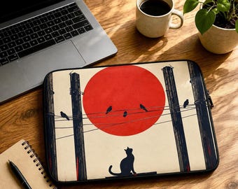 Funda para portátil japonesa con diseño de gato negro y sol rojo, funda de neopreno para MacBook