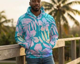 Beach Cover Hoodie, Pink Aqua Cotton Fleece, Floral Kangaroo Top