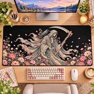 Gotische doodskop bureaumat, gaming muismat met donkere bloemenprint