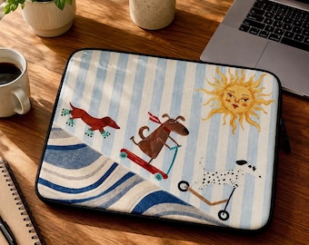 Funda para portátil con diseño de perro salchicha, funda para MacBook inspirada en la playa con olas costeras.