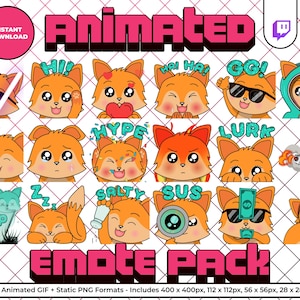 May include: A set of 18 animated fox emojis in various poses and expressions. The emojis include text like "Hi!", "GG!", "Raid", "Hype", "Lurk", "Salty", "Sus", and "Rip". The emojis are in a grid format with a pink and white checkered background. The text "Animated Emojis Pack" is at the bottom of the image.