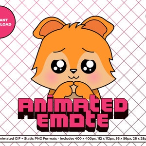 May include: Animated emote of a cute orange fox with big eyes, blushing cheeks, and a shy expression. The text "ANIMATED Emote" is below the fox.