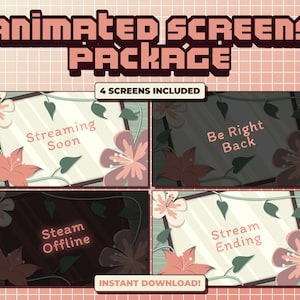 Peut inclure: Quatre écrans animés pour le streaming, avec un motif floral aux couleurs rose et verte. Les écrans comprennent le texte "Streaming Soon", "Be Right Back", "Steam Offline", et "Stream Ending".