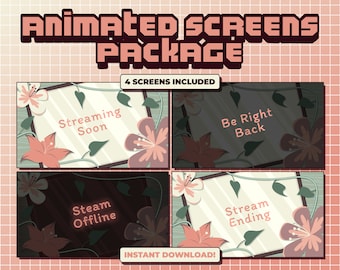 Animated Screens Package - Green & Pink Cottagecore Theme - Twitch OBS Animated Screens - Cherry Blossom Screens