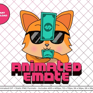 Peut inclure: Émoticône animée d'un chat orange de dessin animé portant des lunettes de soleil et tenant un billet vert avec un signe dollar. Le texte "ANIMATED EMOTE" est sous le chat. L'émoticône est disponible en formats GIF animés et PNG statiques dans différentes tailles.