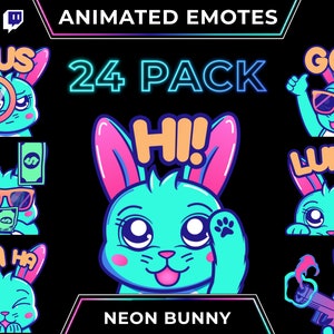 May include: A set of 24 animated emotes featuring a neon blue bunny with pink ears. The emotes include phrases like "Sus", "GG!", "Lurk", "Hi!", and "Ha Ha". The emotes are designed for use on Twitch and Discord.