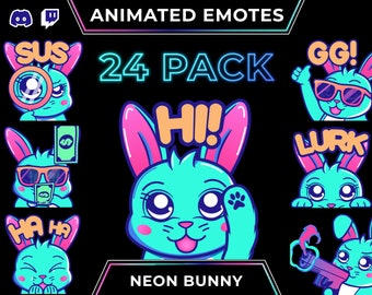 Emoticonos animados de conejitos de neón para Twitch y Discord - Paquete de 24