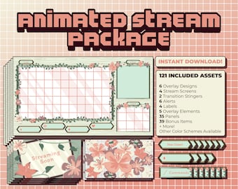 Animated Stream Package - Green & Pink Cottagecore Theme - Animated Twitch Overlays - Animated Twitch Alerts - Twitch Panels - Twitch Screen
