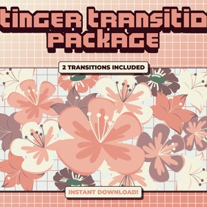 May include: A digital illustration of a floral pattern in shades of pink, peach, and cream. The text "Stinger Transition Package" and "2 Transitions Included" is displayed above the floral pattern. The text "Instant Download!" is displayed below the floral pattern.