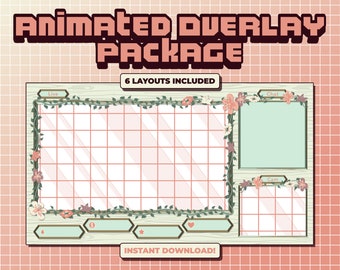 Animated Twitch Overlay Package - Green & Pink Cottagecore Theme - Animated Cam Overlay - Animated Chat Overlay