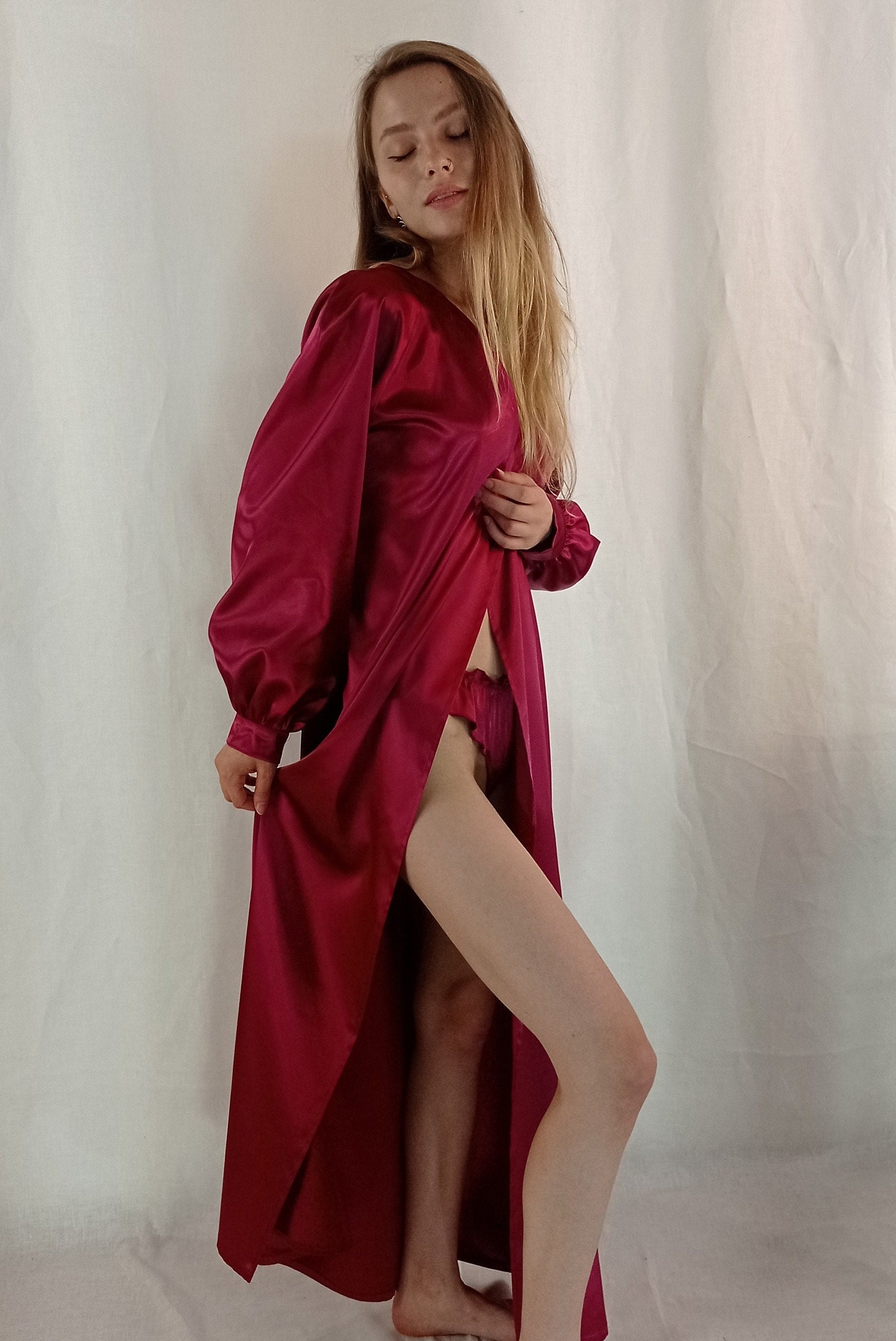 Burgundy Plus Size Long Peignoir / Japanese Silk Robe /japanese Kimono
