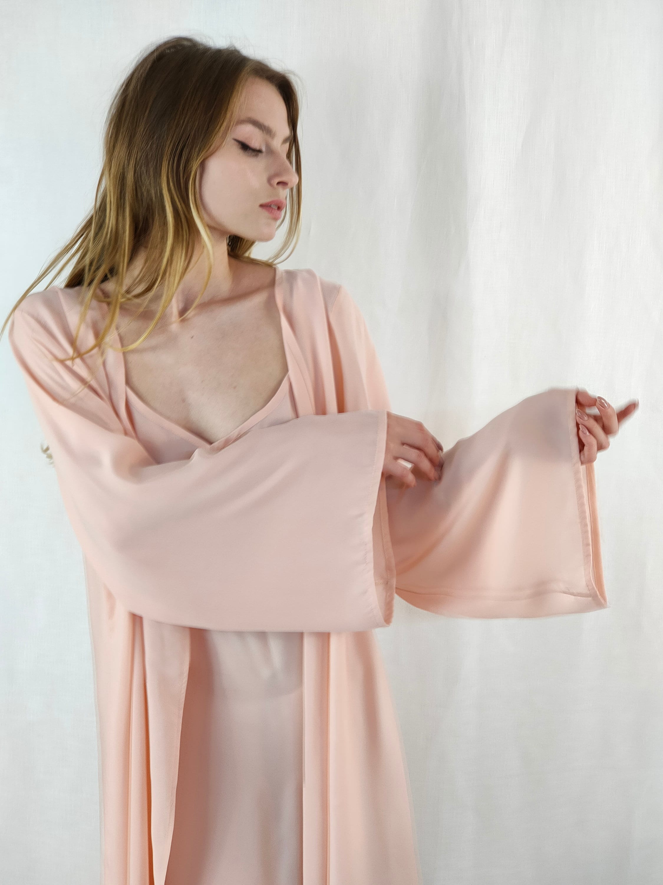 Nude Bridal Peignoir Set/ Japanese Silk Robe /japanese Kimono/ Satin
