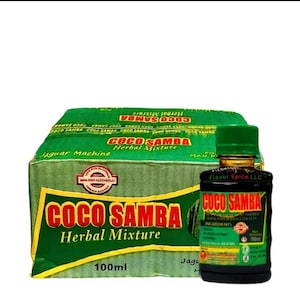 May include: A box of 100ml bottles of Coco Samba Herbal Mixture. The box is green with red and white text. The bottles are dark brown glass with a green cap and a green label with red and white text.