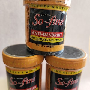 Peut inclure: Trois pots orange et noirs de crème assombrissante pour cheveux étiquetés "Zenon So-fine Anti-pelliculaire Crème assombrissante pour cheveux" avec un poids net de 100 grammes.