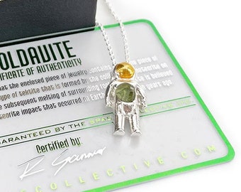 Moldavite Spaceman Pendant in Sterling Silver