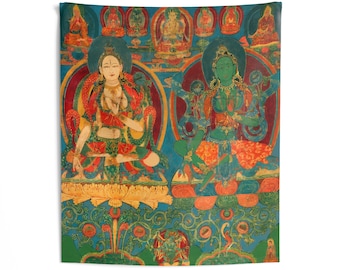 Tibetan Buddhist Tapestry // The Dual Incarnations of 'Tara' Goddess of Compassion // Rare and Restored 12th Century Art
