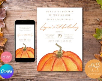 Editable Our Little Pumpkin First Birthday Invitation, Digital Download, Canva, Fall Invite, Template, Simple Pumpkin Invitation