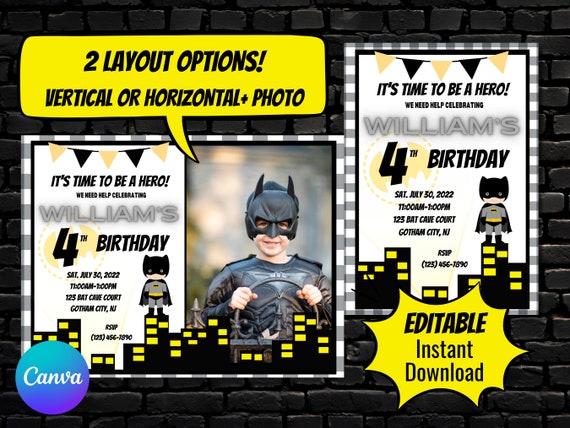 EDITABLE Superhero Birthday Invitation  Bat Boy Birthday