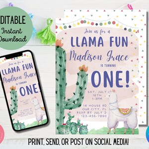 EDITABLE Llama Birthday Invitation Party Invite, Digital Invite, Girl's First Birthday, Instant download, Canva edit