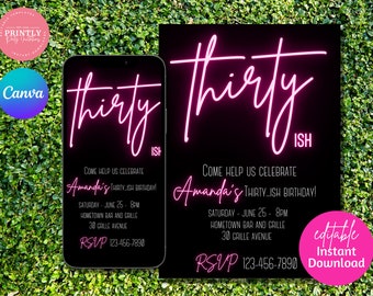 Könnte beinhalten: Eine digitale Einladung in Schwarz und Pink für eine 30. Geburtstagsfeier. Die Einladung zeigt den Text "Thirty Ish" in pinken Neonbuchstaben. Die Einladung enthält den Namen "Amanda's", das Datum "Samstag - 25. Juni - 20:00 Uhr", den Ort "Hometown Bar and Grille", die Adresse "30 Grille Avenue" und die RSVP-Nummer "123-456-7890".