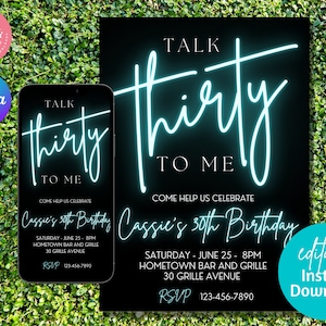 EDITABLE 30th Birthday Invitation, Talk Thirty To Me , 30th Birthday Digital Invitation, Neon, Editable Invitation, Thirty Birthday Invite