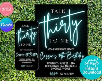 EDITABLE 30th Birthday Invitation, Talk Thirty To Me , 30th Birthday Digital Invitation, Neon, Editable Invitation, Thirty Birthday Invite