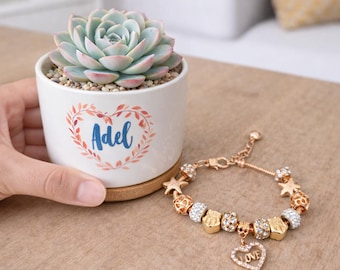 Personalized Succulent Gift Box for Her Custom Plant with Charm Bracelet