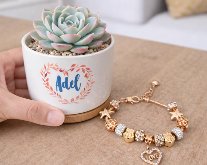 Personalized Succulent Gift Box for Her Custom Plant with Charm Bracelet