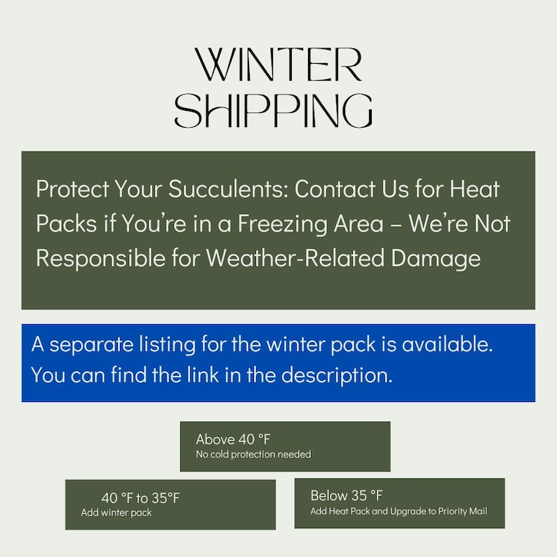 Puede incluir: Texto verde y azul sobre un fondo blanco con las palabras "Winter Shipping" en la parte superior. El texto a continuaci&oacute;n explica que se necesitan paquetes de calor para los pedidos que se env&iacute;an a &aacute;reas de congelaci&oacute;n. El texto tambi&eacute;n indica que hay una lista separada para el paquete de invierno disponible. La imagen tambi&eacute;n muestra un gr&aacute;fico con tres rangos de temperatura y los requisitos de env&iacute;o correspondientes. El gr&aacute;fico indica que no se necesita protecci&oacute;n contra el fr&iacute;o para temperaturas superiores a 40 grados Fahrenheit, se necesita un paquete de invierno para temperaturas entre 40 y 35 grados Fahrenheit, y se necesita un paquete de calor y correo prioritario para temperaturas inferiores a 35 grados Fahrenheit.