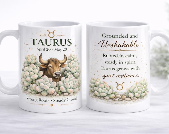 Taurus Zodiac Mug Personalized Astrology Coffee Mug April Birthday Gift May Zodiac Botanical Succulent Design