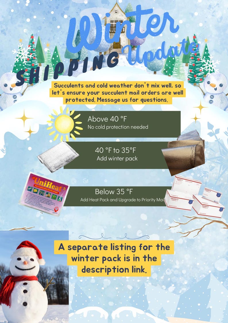 May include: A winter shipping guide for succulents with a snowman illustration. The guide explains how to protect succulents during cold weather and includes information about adding heat packs and upgrading to priority mail.